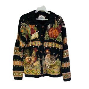 Vintage 90s Whimsy Novelty Cardigan Sweater Chickens Knit